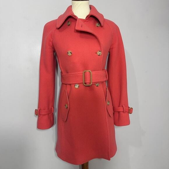 J Crew Stadium Cloth Womens Peacoat Sz 2 Coral Red Belted Rare Nello Gori Preppy - Picture 2 of 14